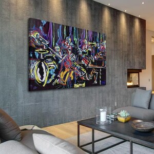 May include: A colorful abstract painting of a jazz band playing on stage. The painting is done in a vibrant style with bold colors and thick brushstrokes. The musicians are depicted in a lively and energetic manner, with their instruments and clothing rendered in a dynamic and expressive way.