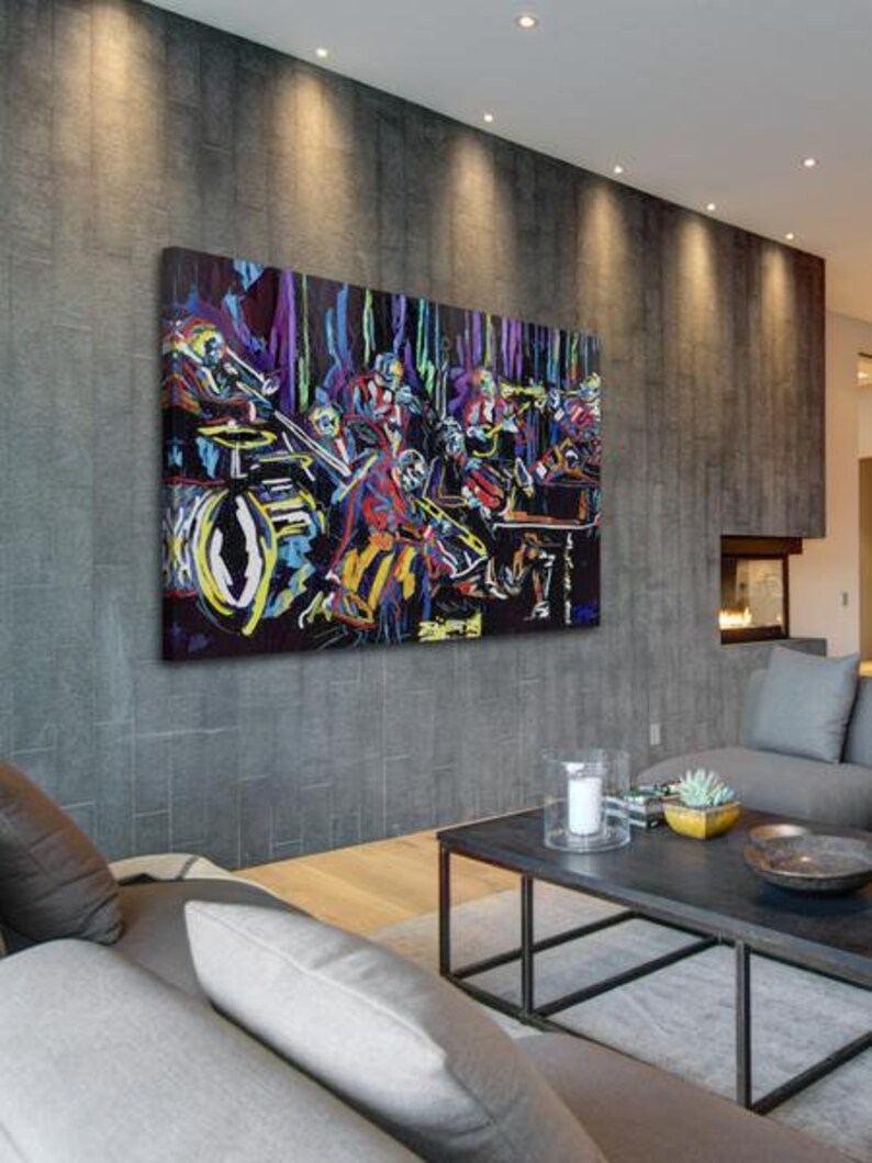 May include: A colorful abstract painting of a jazz band playing on stage. The painting is done in a vibrant style with bold colors and thick brushstrokes. The musicians are depicted in a lively and energetic manner, with their instruments and clothing rendered in a dynamic and expressive way.