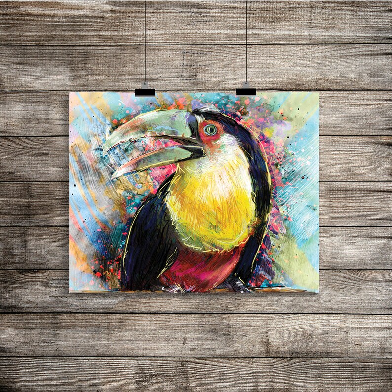 May include: A colorful painting of a toucan with a large, orange beak. The toucan is set against a background of blue, green, and yellow watercolor washes.