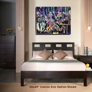 May include: A colorful abstract painting of a jazz band playing on a stage. The painting is done in a vibrant style with bold colors and thick brushstrokes. The band members are all dressed in different colors and are playing their instruments with energy. The painting is set against a dark background, which makes the colors pop even more. The painting is 20 inches by 24 inches.