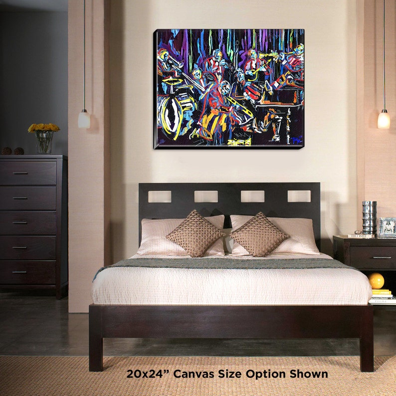 May include: A colorful abstract painting of a jazz band playing on a stage. The painting is done in a vibrant style with bold colors and thick brushstrokes. The band members are all dressed in different colors and are playing their instruments with energy. The painting is set against a dark background, which makes the colors pop even more. The painting is 20 inches by 24 inches.