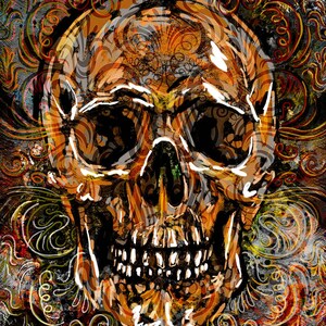 May include: A white skull with a detailed, intricate design of swirling orange and gold patterns. The skull is set against a dark background with splashes of color.