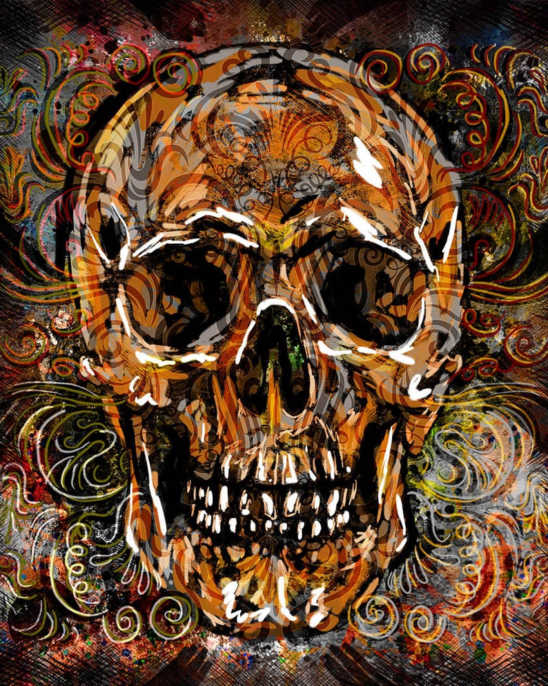 May include: A white skull with a detailed, intricate design of swirling orange and gold patterns. The skull is set against a dark background with splashes of color.