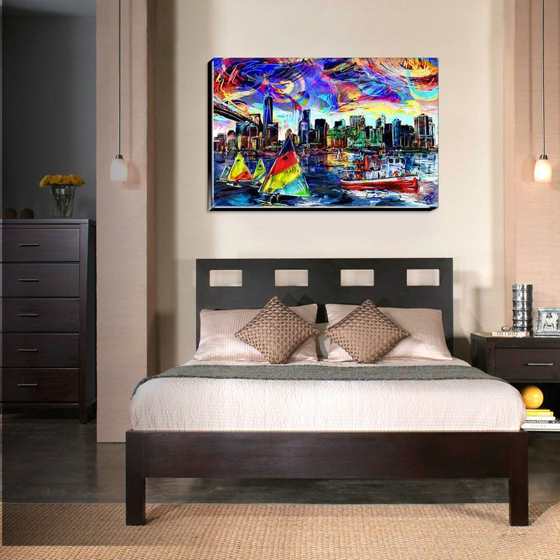 New York Skyline Painting, NY Skyline Canvas, Sailing Artwork image 3