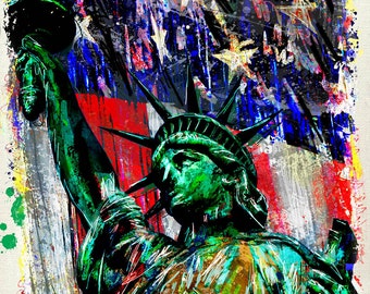 Statue of Liberty Art Print, USA Art, American Flag painting