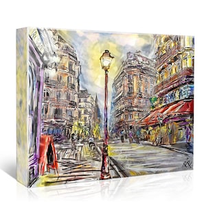 Pode incluir: Uma pintura em aquarela de uma cena de rua parisiense com um toldo vermelho sobre um caf&eacute;, um poste de luz e pessoas passando. Os edif&iacute;cios s&atilde;o altos e estreitos, com muitas janelas. O c&eacute;u &eacute; azul claro com algumas nuvens.