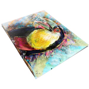 May include: A colorful painting of a toucan with a large, yellow beak and black, red, and yellow feathers. The background is a vibrant blue and green with splashes of pink and purple.