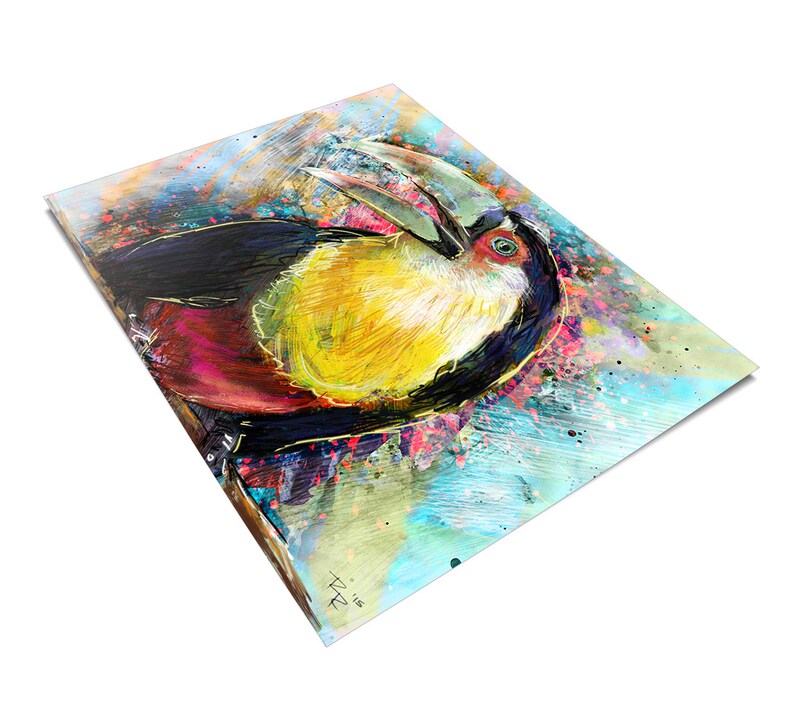 May include: A colorful painting of a toucan with a large, yellow beak and black, red, and yellow feathers. The background is a vibrant blue and green with splashes of pink and purple.