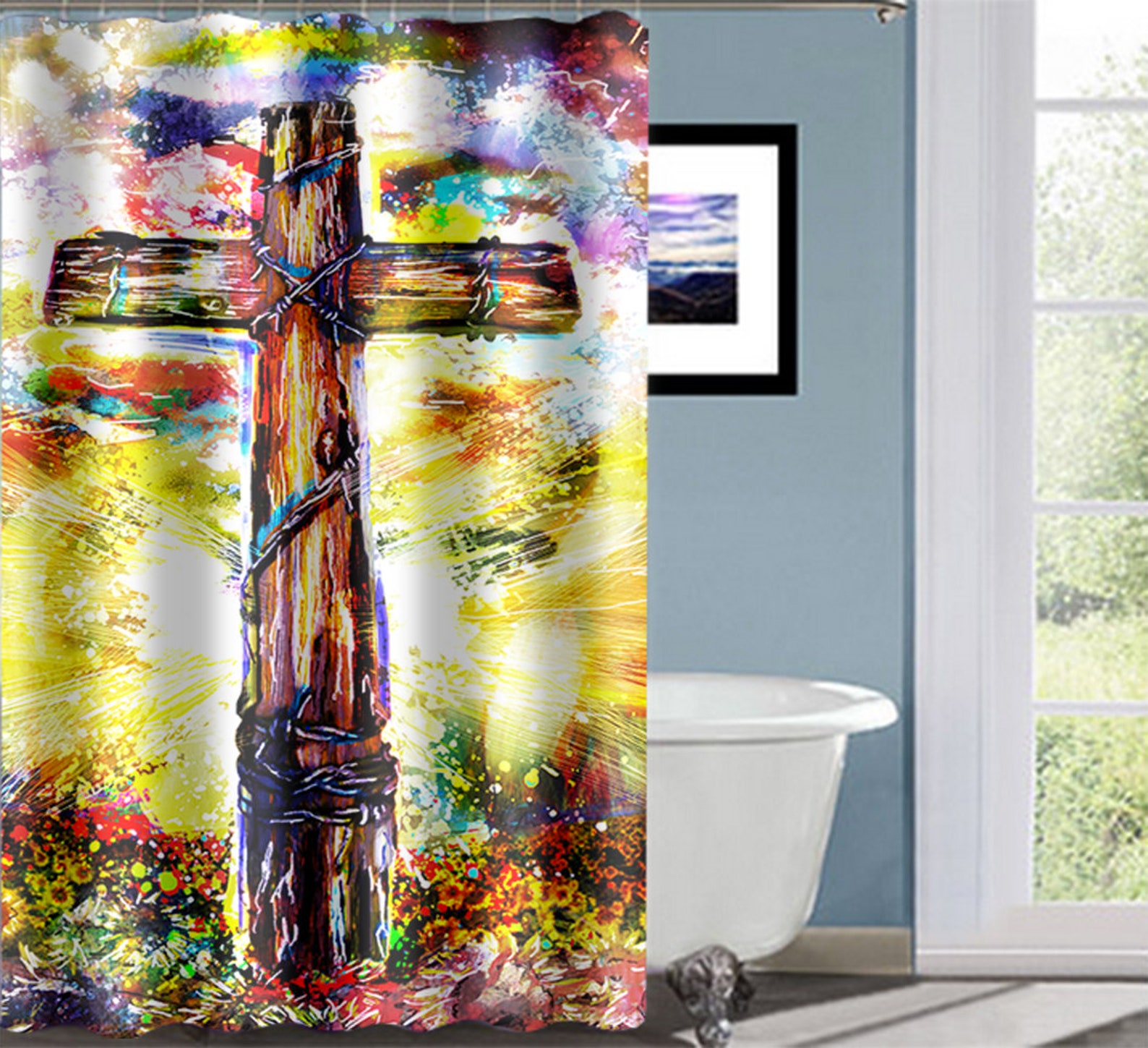 Christian Cross Shower Curtain Bed and Bath Decor Bathroom Etsy