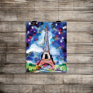 May include: A colorful abstract painting of the Eiffel Tower in Paris, France. The tower is depicted in shades of pink, red, and white, with a blue and white background. The painting is filled with abstract brushstrokes and splatters of paint.