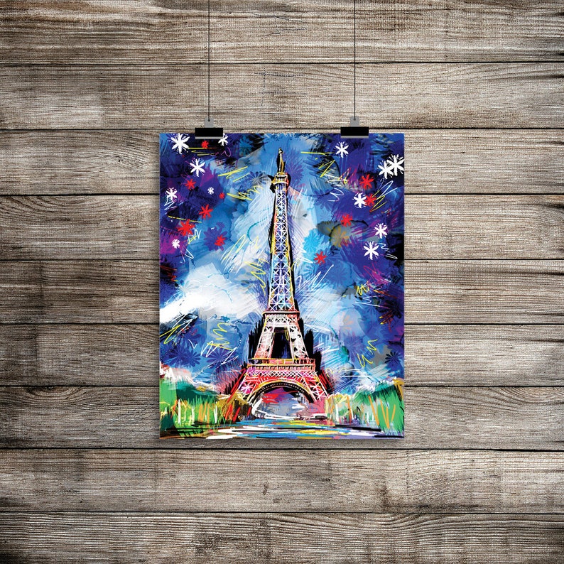 May include: A colorful abstract painting of the Eiffel Tower in Paris, France. The tower is depicted in shades of pink, red, and white, with a blue and white background. The painting is filled with abstract brushstrokes and splatters of paint.