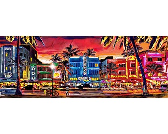 Impressão artística de South Beach, arte de Miami, pintura colorida de praia 12x36"