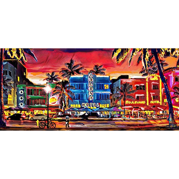 South Beach Art Print, Miami art, Colorful Beach Painting 12x36"