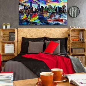 New York Skyline Painting, NY Skyline Canvas, Sailing Artwork image 6