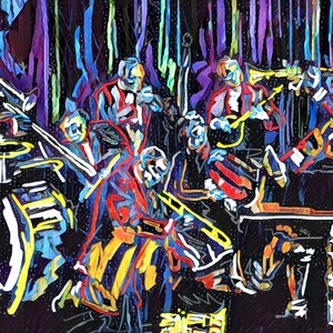 May include: A colorful abstract painting of a jazz band performing on stage. The musicians are dressed in black and white suits with bright red, yellow, and blue accents. The painting is done in a style reminiscent of impressionism, with bold brushstrokes and vibrant colors.
