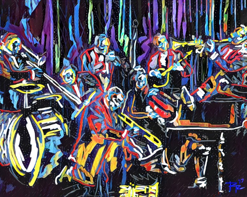 May include: A colorful abstract painting of a jazz band performing on stage. The musicians are dressed in black and white suits with bright red, yellow, and blue accents. The painting is done in a style reminiscent of impressionism, with bold brushstrokes and vibrant colors.