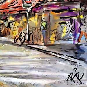 Pode incluir: Uma pintura colorida de uma cena de rua com pessoas caminhando em frente a um caf&eacute;. H&aacute; duas bicicletas estacionadas em frente ao caf&eacute;. A pintura &eacute; feita em um estilo solto e impressionista.