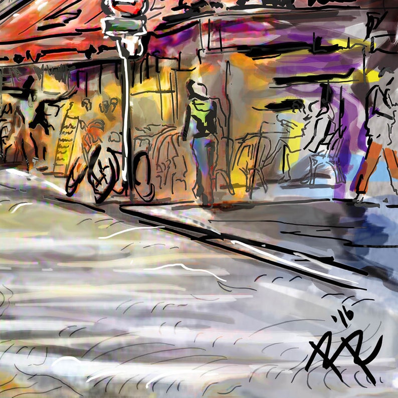Pode incluir: Uma pintura colorida de uma cena de rua com pessoas caminhando em frente a um caf&eacute;. H&aacute; duas bicicletas estacionadas em frente ao caf&eacute;. A pintura &eacute; feita em um estilo solto e impressionista.