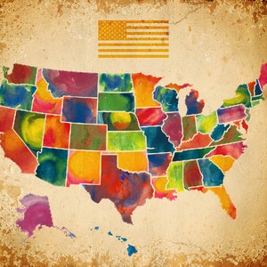 Vereinigte Staaten Karte Kunst, Vereinigte Staaten Malerei, US-Aquarell, Amerika Kunstdruck aktiv