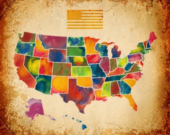 United States Map Art, United States Painting, US watercolor, America Art Print Active