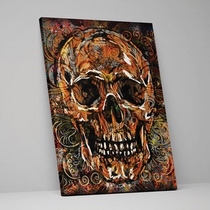 May include: A colorful, abstract skull with intricate details and a swirling background. The skull is painted in shades of orange, yellow, and brown, with black accents. The background is a mix of colors, including blue, green, and purple.