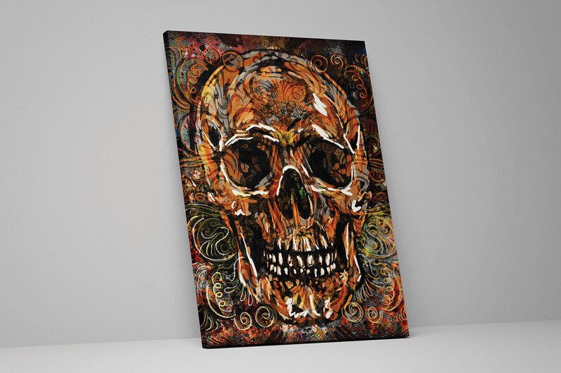 May include: A colorful, abstract skull with intricate details and a swirling background. The skull is painted in shades of orange, yellow, and brown, with black accents. The background is a mix of colors, including blue, green, and purple.