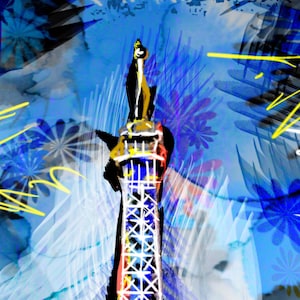 May include: Abstract painting of a white tower with a yellow top against a blue and white background with yellow and black brushstrokes.