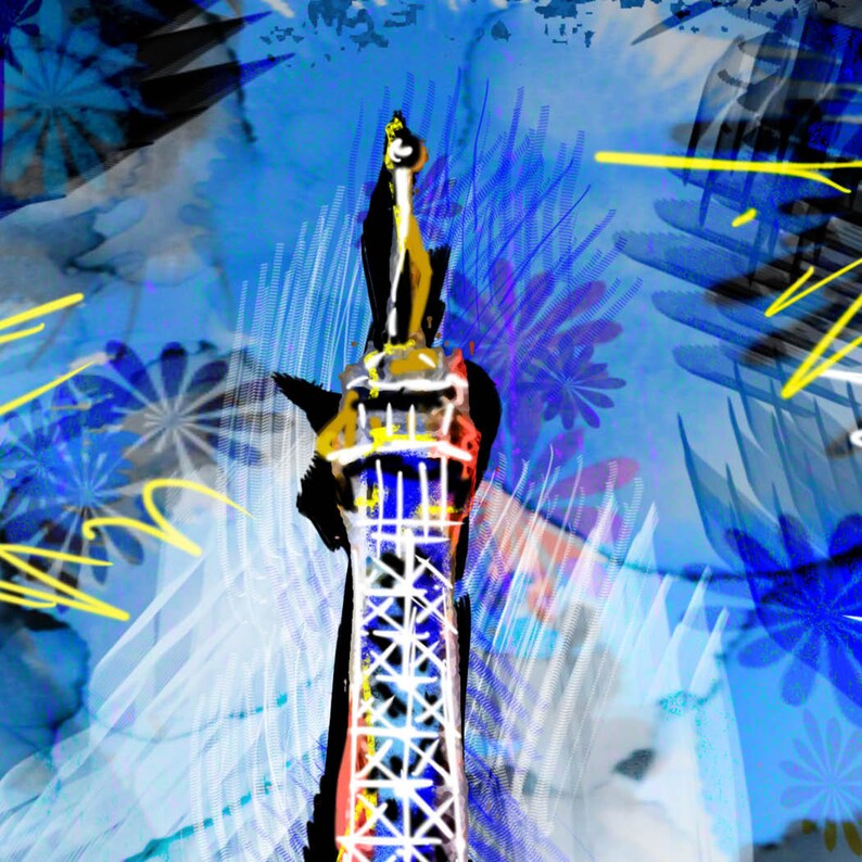 May include: Abstract painting of a white tower with a yellow top against a blue and white background with yellow and black brushstrokes.