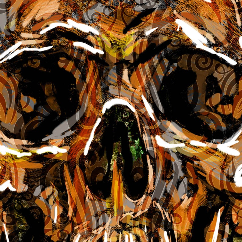 May include: A close-up of a skull with a detailed, abstract pattern in shades of brown, orange, and black. The skull is painted in a stylized, artistic manner, with white lines highlighting the features.