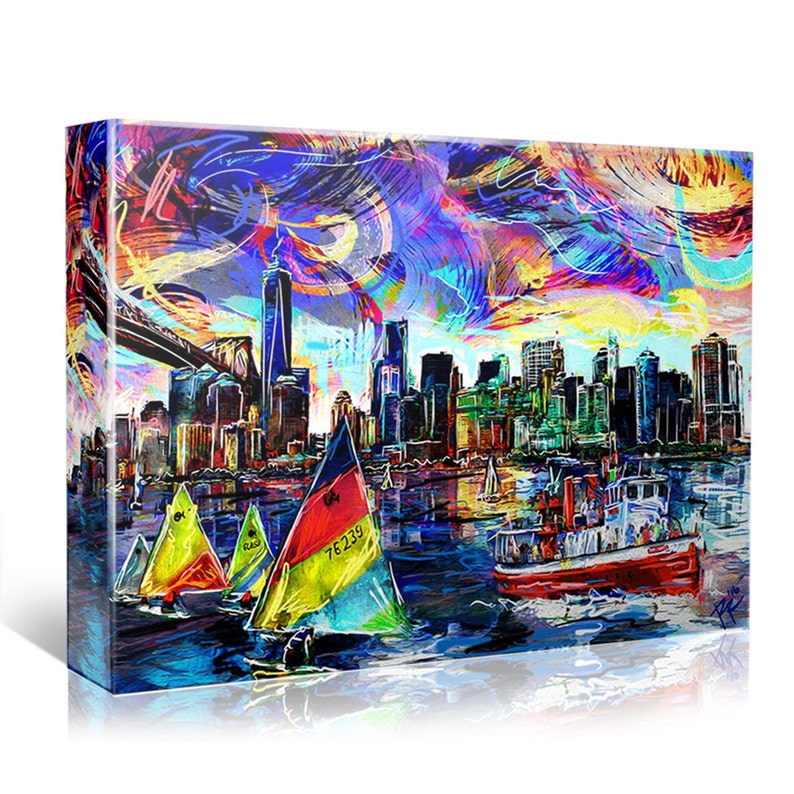 New York Skyline Painting, NY Skyline Canvas, Sailing Artwork image 1