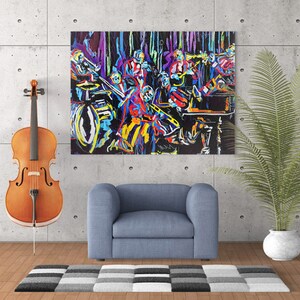May include: A colorful abstract painting of a jazz band playing on a stage. The painting is done in a vibrant style with bold colors and thick brushstrokes. The band members are all dressed in different colors and are playing their instruments with energy and passion.