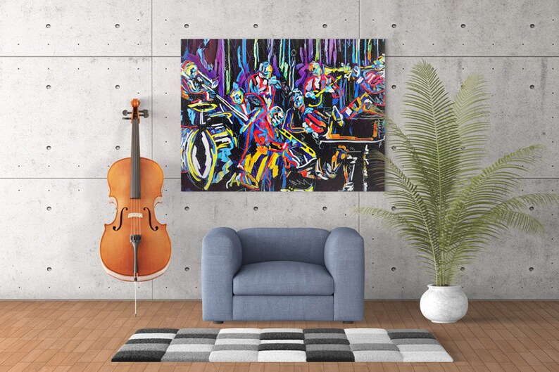 May include: A colorful abstract painting of a jazz band playing on a stage. The painting is done in a vibrant style with bold colors and thick brushstrokes. The band members are all dressed in different colors and are playing their instruments with energy and passion.