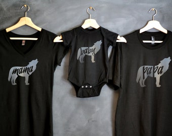 Papa Wolf + Mama Wolf + Baby Wolf T-shirt Package, Mothers day gift, Mama Wolf V-Neck T-shirt, Baby shower gift, Papa Bear, Baby Bear, Momma