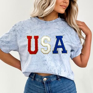 レトロUSAコンフォートカラーシャツ、レディース7月4日Tシャツ、レターパッチ、アメリカTシャツ、アメリカ愛国シャツ、独立記念日、4