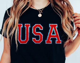 Women's 4th of July Tshirt, Fourth of July Shirt, USA Shirt, 4th of July tank, Gift for mom, Women's Patriotic shirts, Chenille USA Patch