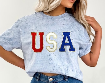 Retro USA Comfort Colors Shirt, Women's 4th of July Tshirt, Letter Patches, America Tee, American Patriotic Shirt, Independence Day, Fourth