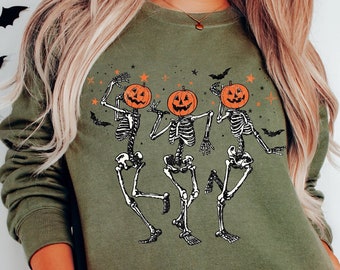 Dancing Skeletons Halloween Sweatshirt, Skeleton Halloween Shirt, Dancing Pumpkin Shirt, Fall Sweatshirt, Halloween Crewneck, Spooky Season
