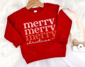 Merry Sweatshirt for Kids, Toddler Girl Christmas Sweater, Holiday Outfit, Cute Christmas Sweatshirt for Kid, Girls Retro Christmas Sweater