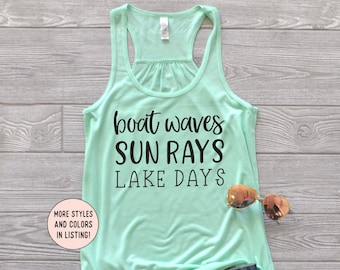 Summer Tank Top, Shirt for Women Gifts, Boat Waves Sun Rays Lake Days Tshirt for Her, Cute Lake T Shirt for Mom, Summer Tanks for Women