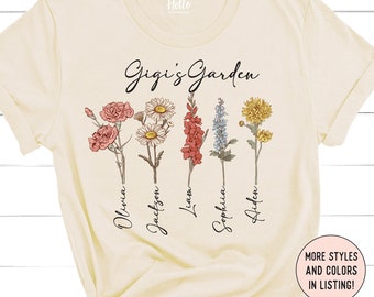 Chemise Gigi Garden, cadeau fête des mères pour Gigi, fleurs du mois de naissance, cadeaux personnalisés pour grand-mère, cadeau Gigi, sweat-shirt grand-mère, chemise Gigi