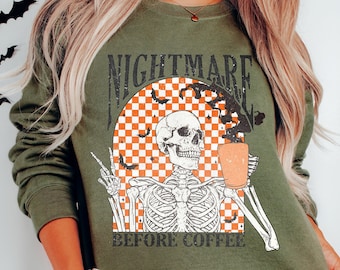 Sudadera divertida de Halloween, camiseta de esqueleto para Halloween, camiseta de café para otoño, sudadera de otoño para mujer, sudadera de esqueleto, Pesadilla antes del café