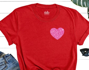 Camiseta de San Valentín con corazón, camiseta de San Valentín con purpurina, pecho izquierdo, camiseta de San Valentín para mujer, camiseta de San Valentín bonita, camiseta de San Valentín para profesora