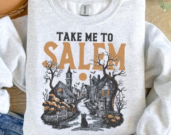 Take Me To Salem Halloween Sweatshirt: Cute Retro Crewneck with Cat, Choose Your Color