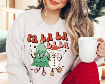 Christmas Sweatshirt, Fa La La Graphic Crewneck, Retro Christmas Tee, Trendy Holiday Shirt for Women, Kids Christmas Shirts, Snowman shirt