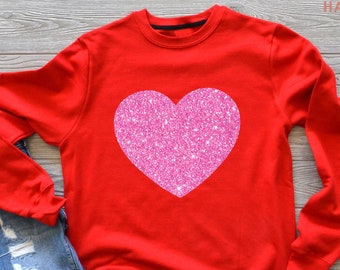 Heart Valentine's Sweatshirt, Glitter Valentine's Shirt, Love Sweatshirt, Women's Valentine's Shirt, Valentine's Day Sweater, Sweet Tee