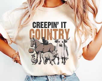 Funny Country Halloween Shirt, Creepin' It Country Halloween T-shirt: Farm Animal Cowgirl Crewneck Tee