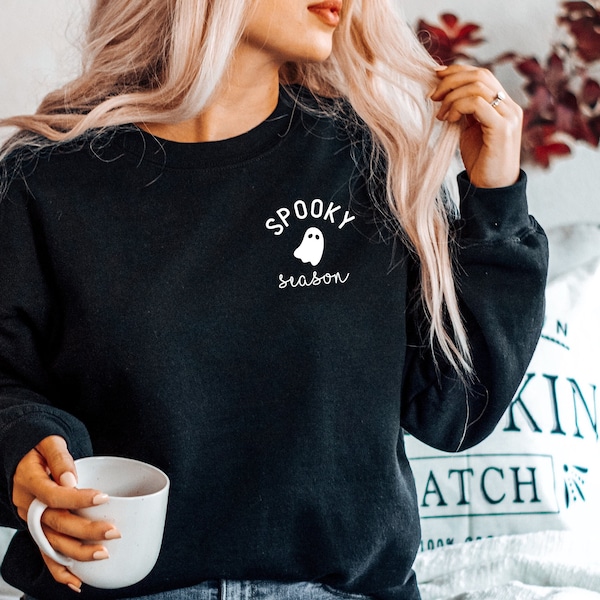 Sudadera de temporada espeluznante, sudadera de cuello redondo, sudadera espeluznante, Halloween, fantasma, negro, PSL, otoño de calabaza, lindo y aterrador, camiseta de otoño