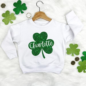 Camicia per bambini del giorno di San Patrizio, felpa personalizzata per il giorno di San Patrizio, maglietta trifoglio personalizzata con glitter per ragazze, San Patrizio per bambini piccoli