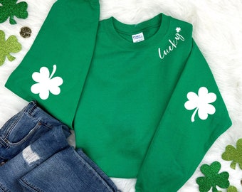 St. Patricks Day Sweatshirt for Women, Lucky Crewneck, Shamrock Elbow Sweatshirt, Armpatch Shamrock Sweatshirt, Irish Sweatshirt, St Pattys