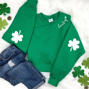 St. Patricks Day Sweatshirt for Women, Lucky Crewneck, Shamrock Elbow Sweatshirt, Armpatch Shamrock Sweatshirt, Irish Sweatshirt, St Pattys